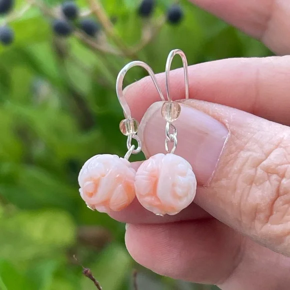Hand carved undyed angel skin coral solid sterling silver drop hoop earrings - Picture 2 of 7